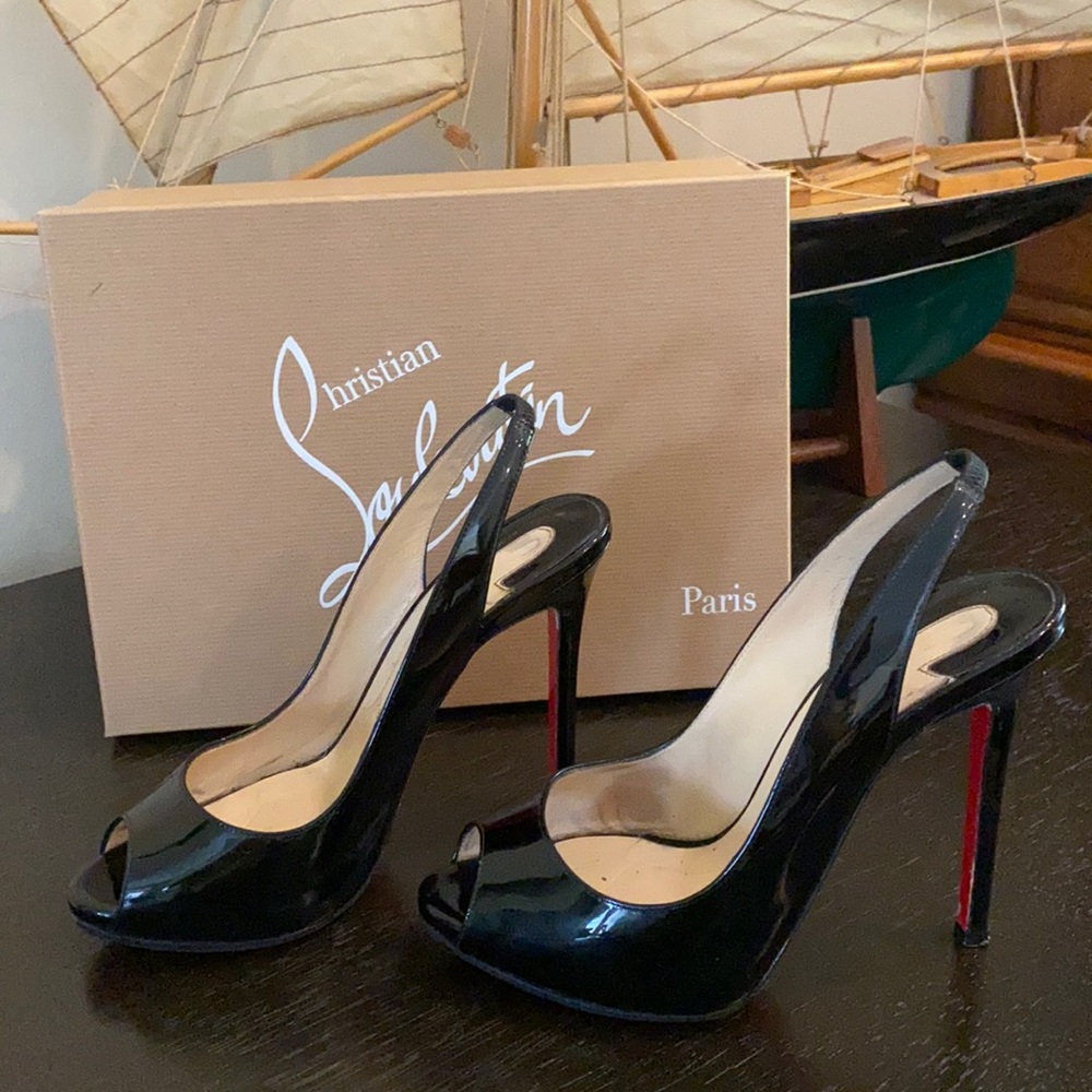 Black patent sling back platform heels